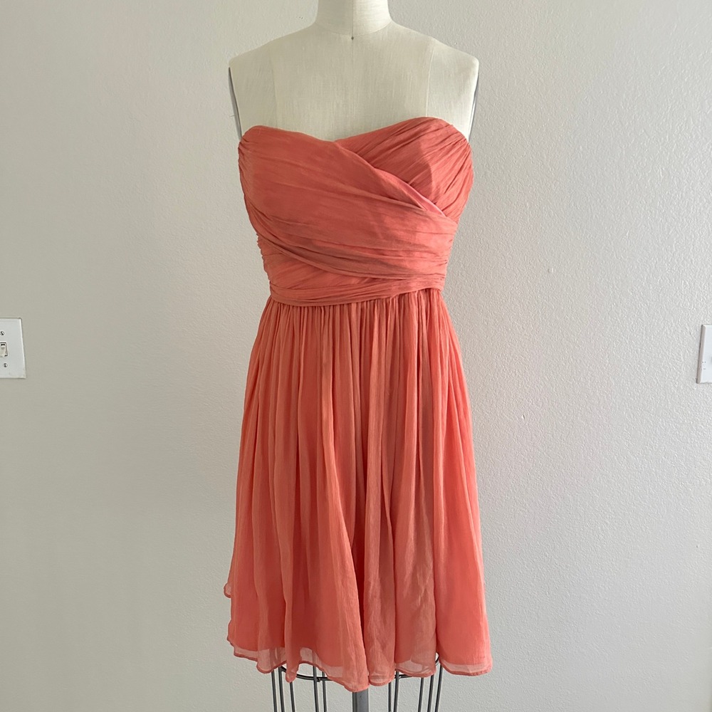 J.Crew Strapless Chiffon Dress 8P Coral Pink Ruched Sweetheart Romantic Cocktail